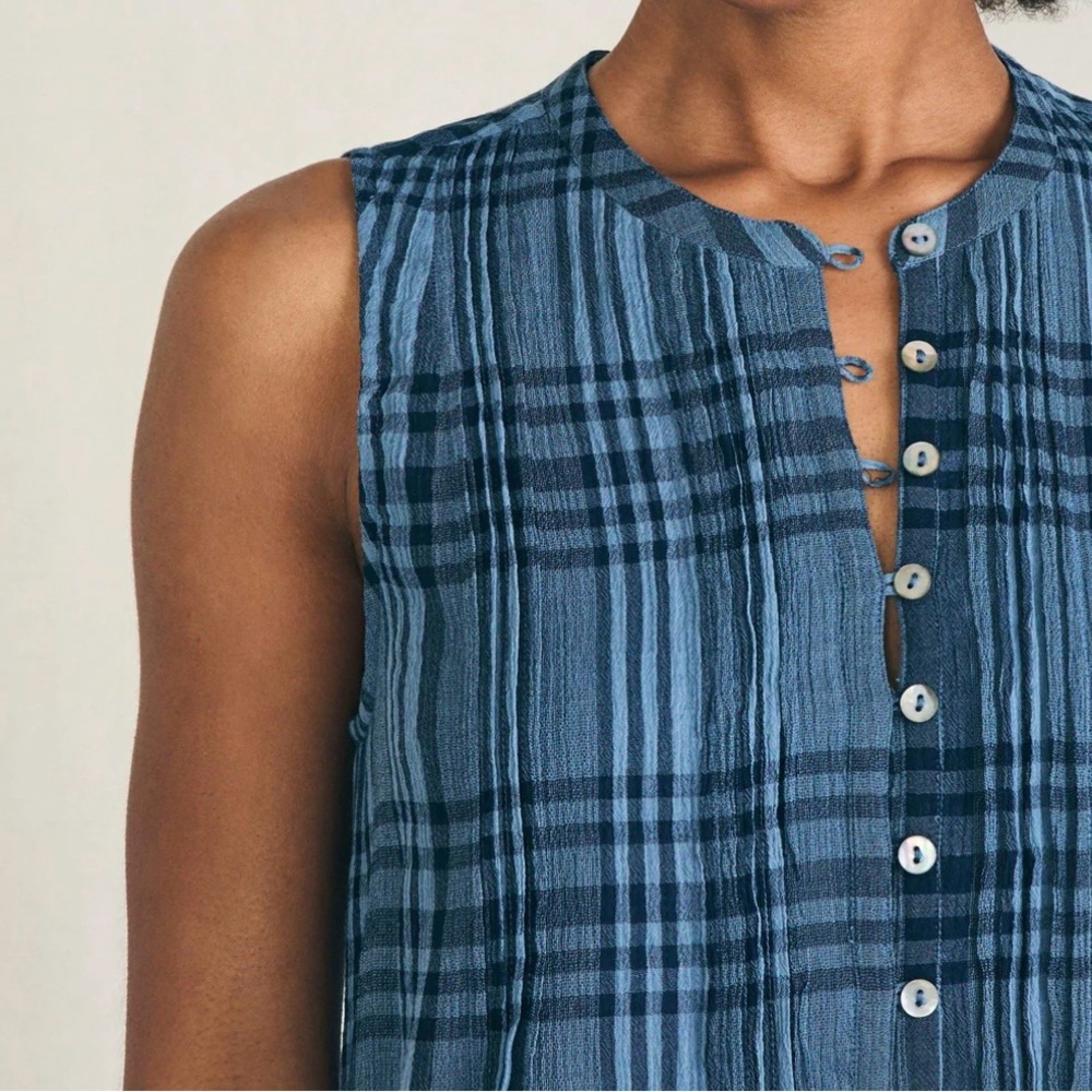 Faherty Navy Checkered Sleeveless Mini Dress NWT - Picture 3 of 4